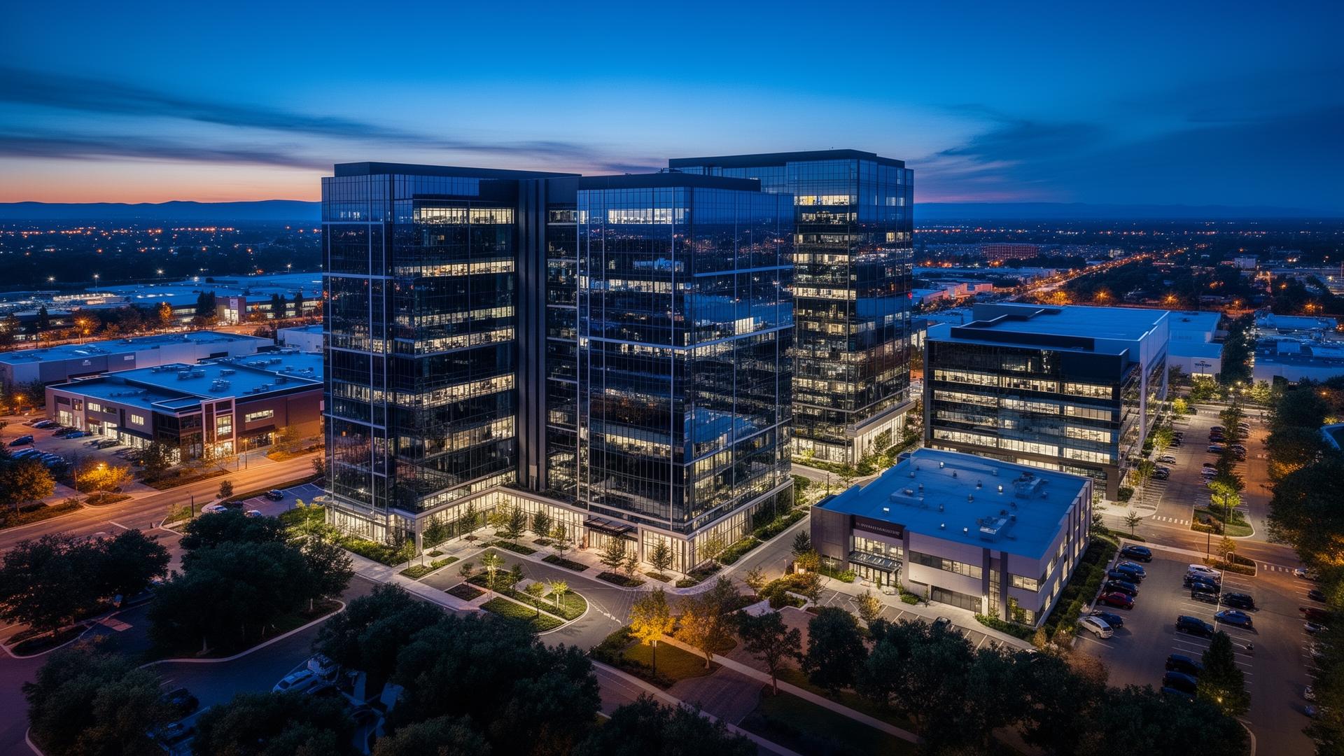 Modern commercial business park at twilight